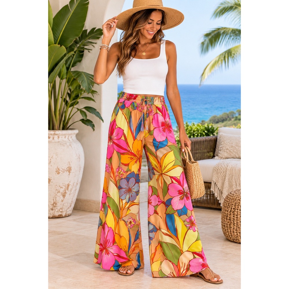 True Destinations Tropical Floral Wide Leg Palazzo Pants Women's L Rayon